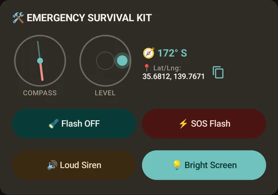 Here and Home Emergency Survival Kit panel with a compass, a level, a coordinates readout, and buttons for Flash, SOS Flash, Loud Siren and Bright Screen