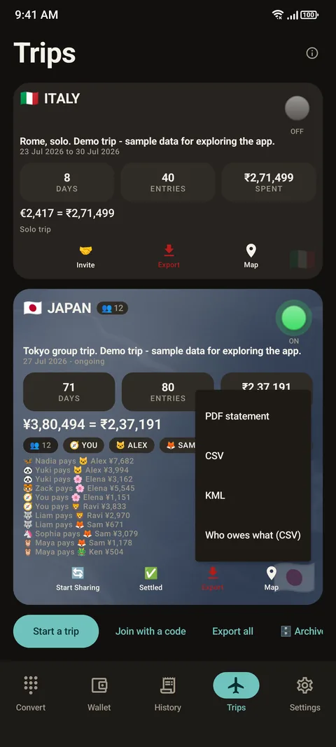 Here and Home Trips screen with an export menu open showing PDF statement, CSV, KML and Who owes what CSV