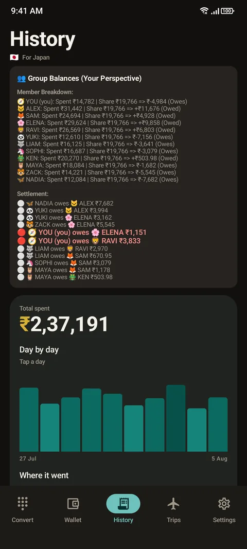 Here and Home History screen in dark mode with group balances, settlement and a list of payments in home currency