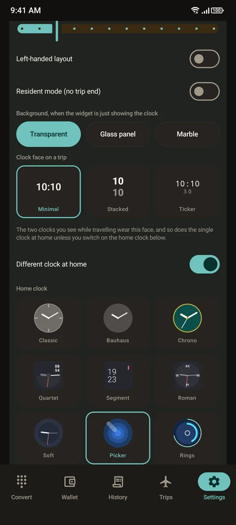 Here and Home settings screen with widget background and clock face options