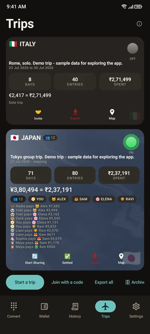 Here and Home group trip screen for Japan listing members and expenses with who paid, plus Invite, Settled, Export and Map buttons