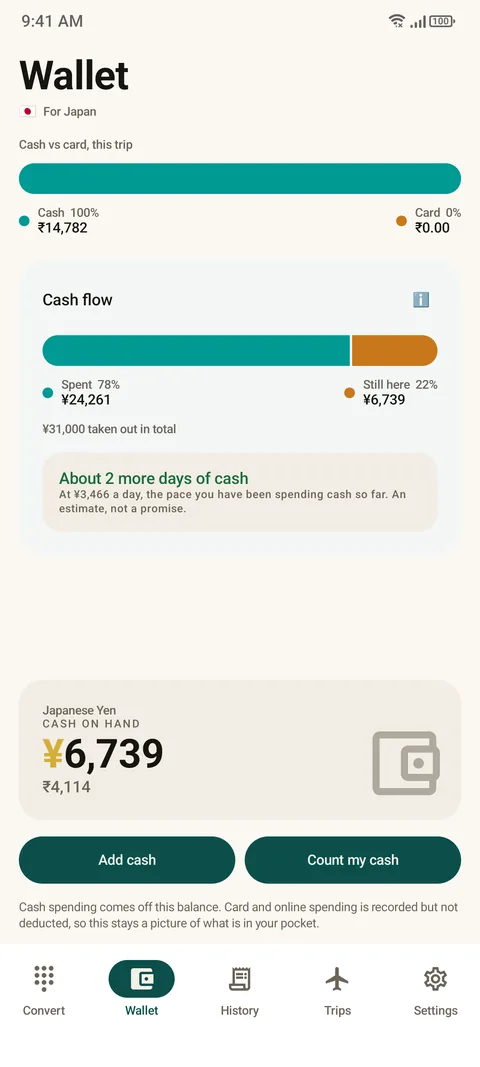 Here and Home Wallet with cash versus card, cash flow and Add cash and Count my cash buttons