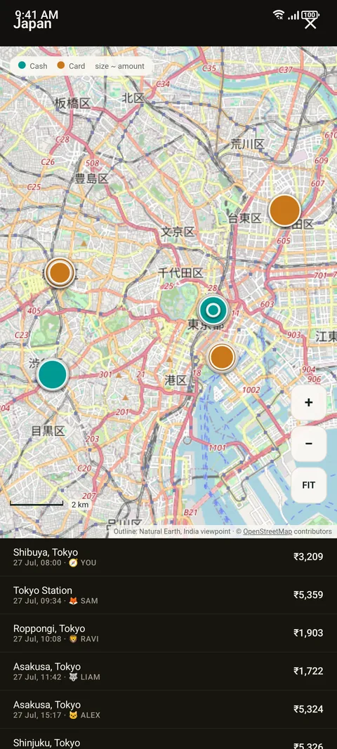 Expenses on a map of Tokyo