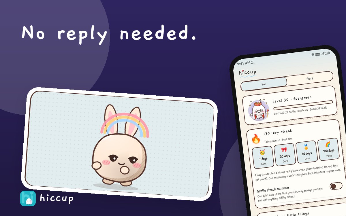 Why no reply needed feels kind: illustration with a Bu Bu character and the Hiccup app