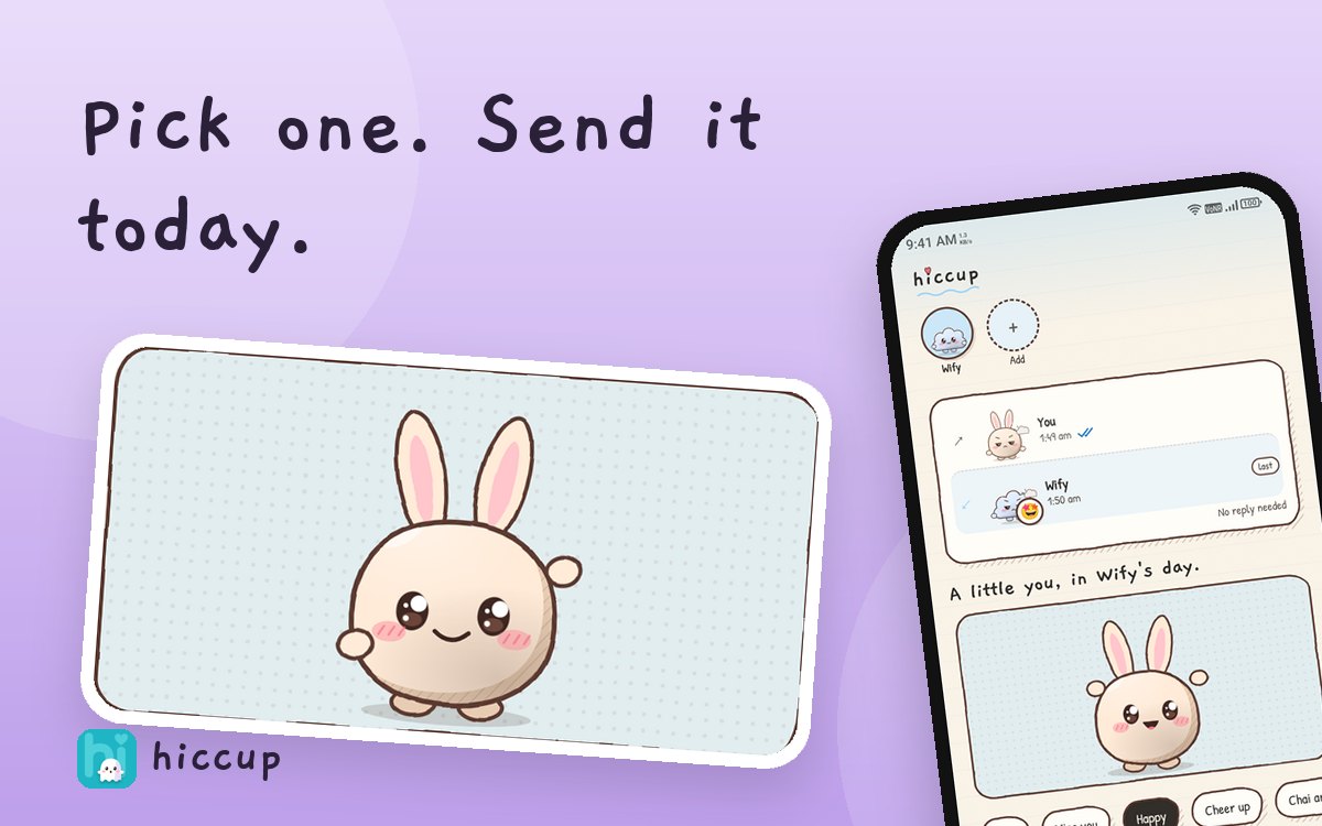 40 thinking of you messages: illustration with a Bu Bu character and the Hiccup app