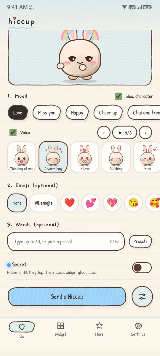 Choosing a mood, a Bu Bu look, an emoji and a few words in Hiccup