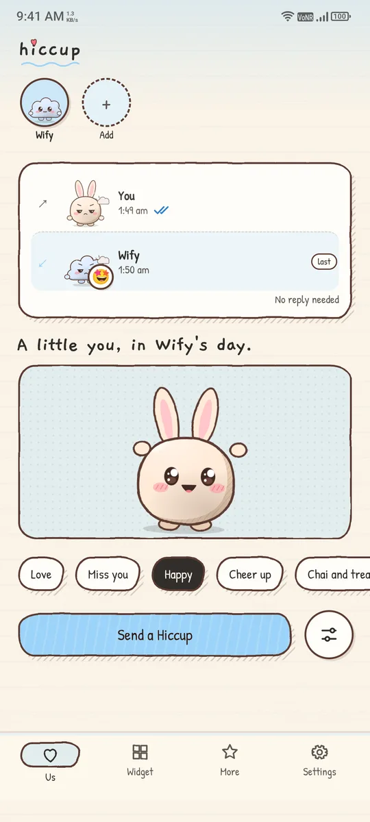A happy Bu Bu bunny with mood choices Love, Miss you, Happy and Cheer up