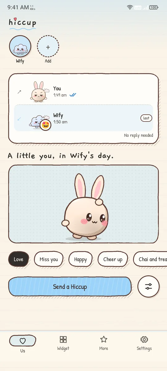 The Hiccup app home screen with a Bu Bu character and a Send a Hiccup button