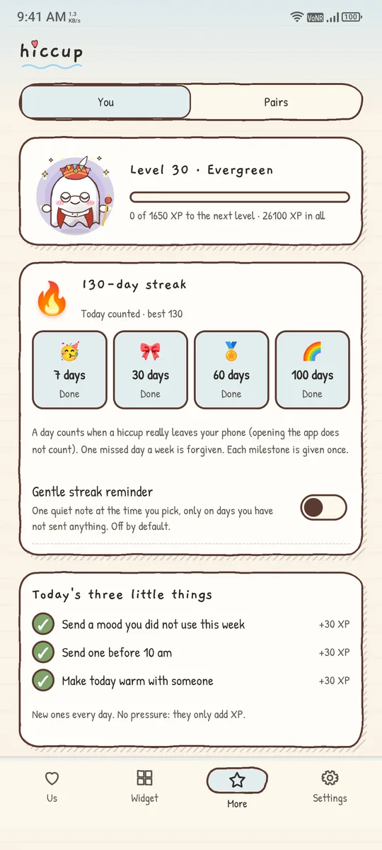 The Hiccup Awards screen showing level, streak and gentle reminder options