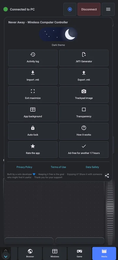 Never Away menu with Dark theme, Activity log, MTI Generator, import and export, Auto-lock, How it works and Rate the app