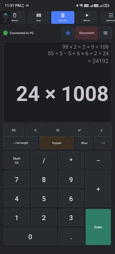 Never Away Num Pad in calculator mode showing a history of calculations and the large result 24 times 1008, with CE, C, backspace, square and square root keys and a number pad