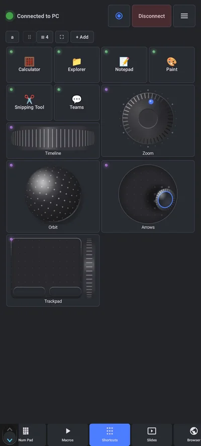 Never Away Shortcuts tab with tiles for Calculator, Explorer, Notepad, Paint, Snipping Tool and Teams, plus a timeline roller, a zoom dial, an orbit trackball, an arrows dial and a trackpad