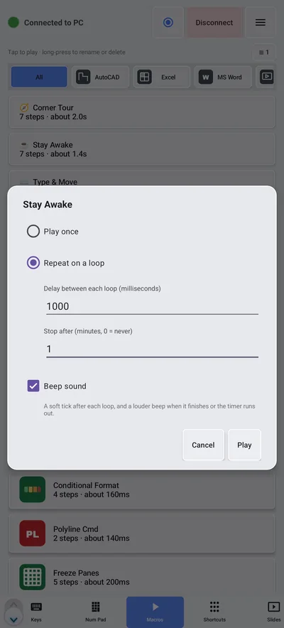 Never Away Stay Awake dialog with Play once and Repeat on a loop options, a delay between each loop of 1000 milliseconds, a stop after of 1 minute, a Beep sound checkbox and Cancel and Play buttons