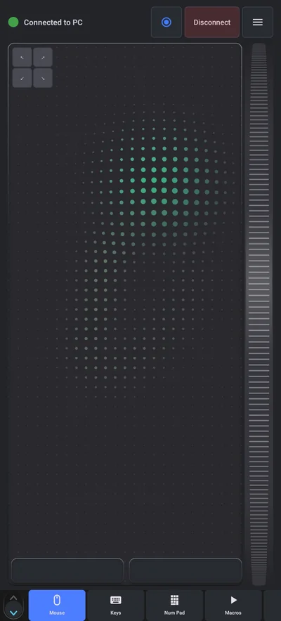 Never Away Mouse tab showing a dark trackpad surface with a scroll wheel on the right, two click bars at the bottom and four corner buttons at the top left