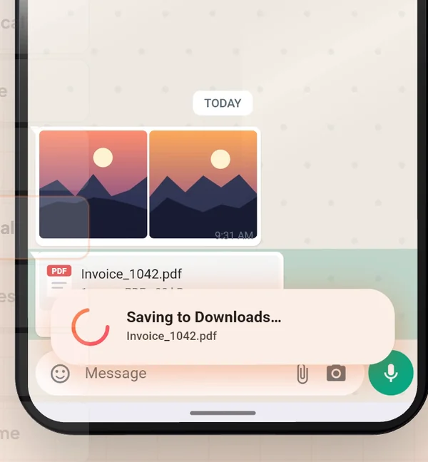 WhatsApp chat with a card reading Saving to Downloads and the file name Invoice_1042.pdf
