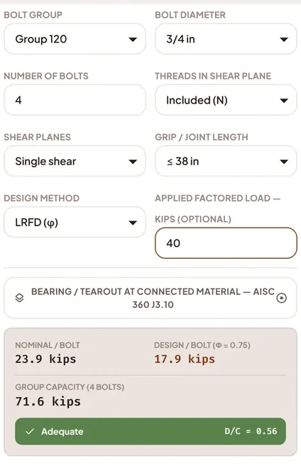 Steel Table USA Bolt Group Calculator showing Group 120, 3/4 in bolts, 4 bolts, threads included N, single shear, LRFD, applied load 40 kips, nominal 23.9 kips per bolt, design 17.9 kips per bolt, group capacity 71.6 kips, adequate with D/C 0.56