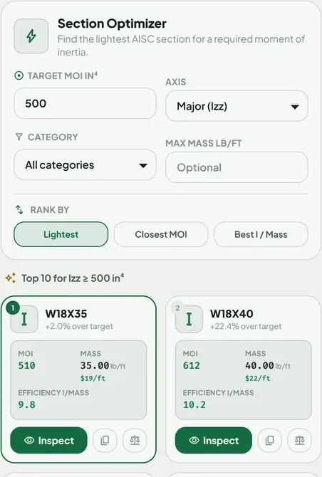 Steel Table USA Section Optimizer ranking shapes for a target moment of inertia of 500 in4, lightest first