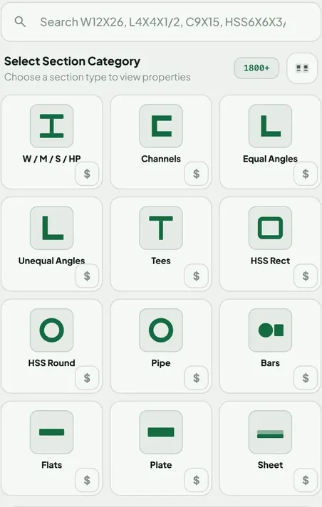 Steel Table USA explorer screen showing twelve shape categories: W M S HP, channels, equal angles, unequal angles, tees, HSS rectangular, HSS round, pipe, bars, flats, plate and sheet