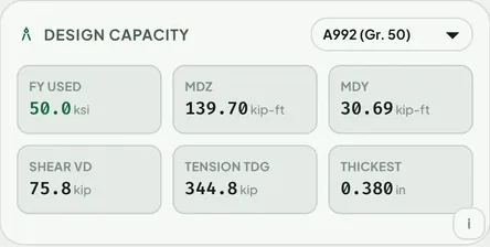 Steel Table USA Design Capacity card for W12x26 in A992 Gr. 50 steel showing Fy 50.0 ksi, Mdz 139.70 kip-ft, Mdy 30.69 kip-ft, shear Vd 75.8 kips and tension Tdg 344.8 kips