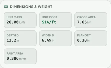 Steel Table USA Inspect panel for W12x26 showing unit mass 26.00 lb per foot and unit cost $14 per foot
